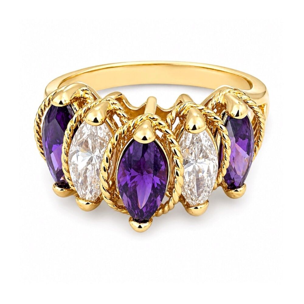 Vintage 1990s Purple CZ Ring D. Gioielli Size 5 18K Gold Plate Cocktail - 14F